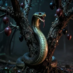 cinematic still of demonic snake in a tree of mysterious looking fruit, horror film directed by wes craven