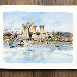 small centered on watercolor paper, paint brush strokes, abstract watercolor painting of ancient roman ruins in frozen lake, daylight, blue sky, cinematic light, national romanticism by hans dahl, by jesper ejsing, by anders zorn, by greg rutkowski, by greg manchess, by tyler edlin