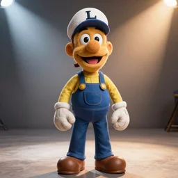 A still of Luigi as a muppet, photo real, photographic, photograph, artstation, trending, award winning, epic lighting, featured