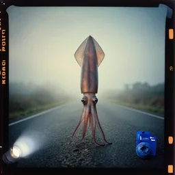 kodak portra 4 0 0, wetplate, flashlight, 8 5 mm carl zeiss, blueberry, award - winning colour portrait by britt marling : a sunlit picture of a giant squid standing in a road creepy, unsetling, quadratic picture frames, haze, wallpaper, fog, no people