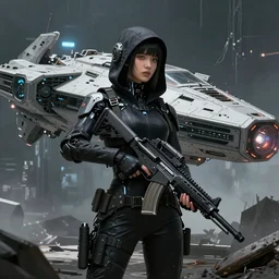 “Concept art, hacker cyborg girl, with a futuristic assault rifle, in front of a crashed starship, artstation trending, highly detailed”