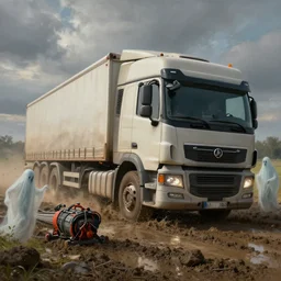 a professional painting of an euro truck getting pulled out of mud by ghosts with a winch, surreal, epic lighting