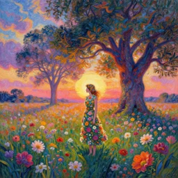 girl made from surreal flowers, standing in flower field, surreal photography, big trees, sunrise dramatic light, impressionist painting, colorful clouds, digital painting, pointillism, artstation, simon stalenhag
