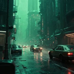 close up a street in a futuristic lovecraftian city in the year 2 3 5 0, cars, rain, green ambient light, trending artstation, 4 k