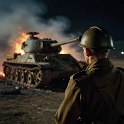 a photograph of a ww 2 soldier from behind. in the background there is a burned down sherman tank with smoke and fire at night by christopher nolan. cinematic shot. cinematography. detailed. hq. in - frame. imax. anamorphic film. anamorphic bokeh!!. helios 4 4 m.
