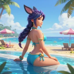 beautiful render of pool party Ahri (wild rift) looking at the horizon in a hawaii beach, 3d, octane render, realistic, highly detailed, trending on artstation