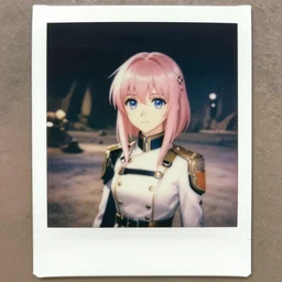 polaroid of anime girl with pink hair and large blue eyes wearing a soldier outfit in mos eisley, cinestill 8 0 0 t, 8 5 mm f / 1. 8, bokeh, cinematic