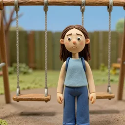 a closeup portrait of a sad woman standing next to an empty swing playground, stop motion animation, claymation, anomalisa, 8 k, medium - format print