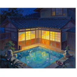 painting of night time intimate empty traditional onsen by small inn floating petals by artgerm mullins rutkowski mucha traditional japanese architecture concept art fantasy octane raytracing vivid color translucidluminescence indirect light artstation