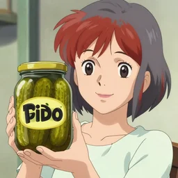 a smiling girl with short grey red hair proudly holding a fido jar into the camera. close up. the fido jar is filled with big green pickles. by ralph mcquarrie. by noriyoshi ohrai, franz xaver winterhalter