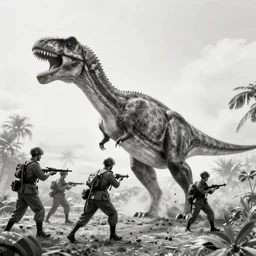 dinosaurs in the vietnam war fighting alongside us soldiers in the vietnam war, black and white, eddie adams, david burnett