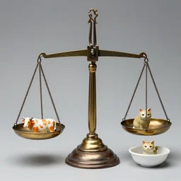 set of balance scales with weights, libra symbol, weighing cow figurine and cat figurine in dish