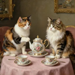 short - hair calico cat, long - hair calico cat, tabby cat, enjoying a fancy english tea party, painted by jan van eyck