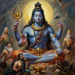 An epic majestic hindu god Shiva from Amar Chitra Katha, by Wayne Barlowe, by Ivan Aivazovsky, by Bruce Pennington, by Paul Lehr, masterpiece, oil on canvas, trending on artstation, top on pixiv, cinematic composition, dramatic scene, beautiful aesthetic lighting, artgem, concept art, sharp, high details, hyper-detailed, astrophotography, no frames, 8K