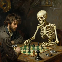 painting by dean cornwell, ilya repin, nc wyeth painting, dusty cobweb skeleton waiting for his turn at the table, boardgame night
