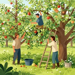 editorial illustration portrait of a people working in a apple orchard, apples, flowers, lush overgrowth, ladder against tree, mads berg, christopher balaskas, victo ngai, rich grainy texture, detailed, dynamic composition, colorful, wide angle, unreal engine, kurzgesagt, matte print, screen print, ( ( dither ) )