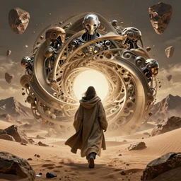 a cyborg dressed in a large cloak walking through a dangerous desert, mountains, floating stones around, epic, close up, in the center, centered, intrincate by moebius, jean giraud & kilian eng moebius style
