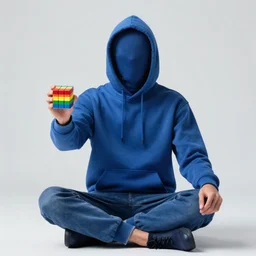 thin blue man with no face wearing a hoodie sitting lotus style holding a rainbow cube in his outstretched hand, realistic, 8 k octane render trending on artstation