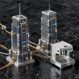 A beautiful hyper realistic detailed painting of a chain of blocks, a cybernetic hybrid of 2 gigantic tall skyscaper sized quantum computers and a block espresso machine on a vast black granite tarmac, connected by gold and silver cables and chains, by Beksinski, beeple, unreal engine, computer hardware commercial photography