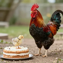 a realistic photo of a hatchling chick and a big rooster all alone next to a birthday cake