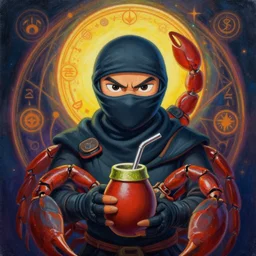 portrait of ninja scorpion holding a yerba mate gourd with metal straw by mandy jurgens, cartoon, oil painting, visionary art, symmetric, magic symbols, holy halo, dramatic ambient lighting, high detail, vibrant colors