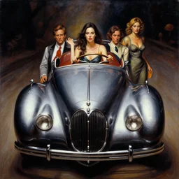 3 d fisheye, very low angle, painting showing olivia munn driving exaggerated 1 9 3 0 s car with woman driving, shiny, aerodynamic, dramatic lighting, sultry, sensual, vargas, wlop, manara, mucha, moebius, elvgren, joshua middleton, clay mann, artgerm