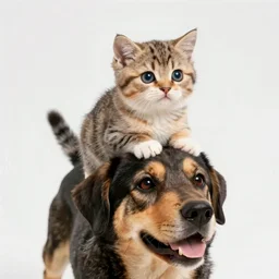 tiny cat riding a labrador, cat on top of dog, concept art, artstation, trending on Instagram, Twitter, two eyes, teo eyes puppy
