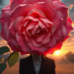 closeup, huge rose flower head, frontal, a girl in a suit, surreal photography, sunrise, dramatic light, impressionist painting, digital painting, artstation, simon stalenhag