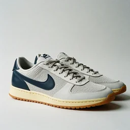 a studio photoshoot of Nike sneakers designed by Tom Sachs, leather with knitted mesh material, gum rubber outsole, realistic, color film photography by Tlyer Mitchell, 35 mm, graflex