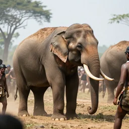 asian war elephant in crowded battlefield