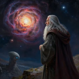 a beautiful painting of gandalf watching a supernova in the sky of an alien world, ray traced lighting by jean kalin popov and greg rutkowski
