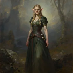 a full body high detail fantasy portrait oil painting illustration of a single beautiful female elf bard by justin sweet with face and body clearly visible, in a scenic background, pretty eyes, realistic proportions, d & d, rpg, forgotten realms, artstation trending, high quality, sombre mood, artstation trending, muted colours, entire person visible!