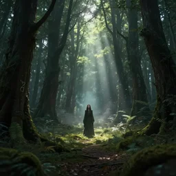 an ecological gothic scene with a beautiful druid in the distance, witch runes in the deep forest, magical clearing, sunshafts, dramatic lighting, dust motes floating in the sunlight, 4 k digital concept art