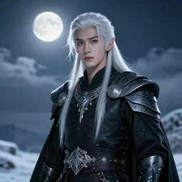 portrait, beautiful male elf, long white hair, super detailed, light black armor with silver accenting, silver jewelry, cape, 8 k, cinematic, backlight, octane render, moonlight, snow, clouds, artstation, greg rutkowski, rossdraws, william bouguereau, sharp focus