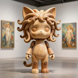3 d octane render ultra photorealistic 8 k hyper detailed, a very very cute wooden statue robot medusa of the anthropology cat ears cyberpunk cgsociety in a contemporary art gallery in neo tokyo artwork by alphonse mucha