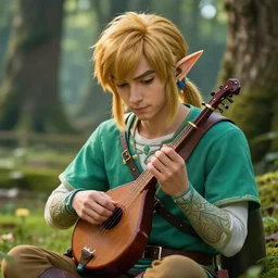close - up portrait of link sitting in woods of hyrule playing ocarina, ultra detailed, hdr, photorealism, cinematic scene, beautiful light
