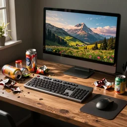a computer desk with screen mouse and keyboard covered and piled with discarded food and crushed soda cans and used chocolate wrappers