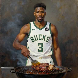 portrait of milwaukee bucks jrue holiday grilling meat, holding a spatula, oil on canvas painting by william sidyney mount, 1 9 7 7, trending on artstation