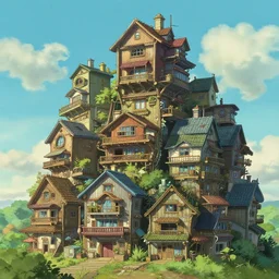 stacked houses, solarpunk, studio ghibli, octane render, 4 k