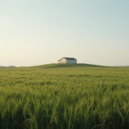 A serene landscape with a singular building in the style of 8k