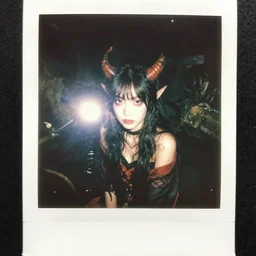 strange and evil daemon - girl in a japanese sewer, 1 9 1 0 polaroid photography with flash, photorealistic, flash light, dramatic light, volumetric light, mist