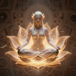glowing cracks, elven princess, meditating, peaceful, levitating, powerful, blossoming, lotus pose, zen, glowing, fractal background, ascending, detailed, realistic, digital art, fantasy, trending on artstation, cinematic, movie clip, visionary art, intricate pattern, subtle pattern, detailed texture, fractal texture, flowing, engraved texture, wood texture, wood art