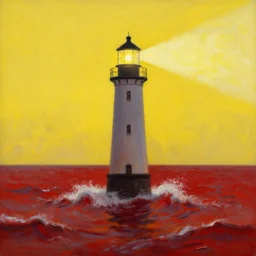 A beautiful painting of a singular lighthouse, shining its light across a tumultuous sea of blood by greg rutkowski and thomas kinkade, Trending on artstation, yellow color scheme