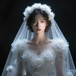 hight focus f 2 2, 8 5 mm : a wonderful realistic portrait of a lonely woman with a detailed wonderful symmetrical face who is dressed with a wonderful, majestic, large semi transparent white cotton dress ornate with semi transparent cotton roses and semi transparent white veils, accent white lighting, dramatic light, octane render by roberto ferri, fantasy art, photo realistic, dynamic lighting, unreal engine rendered, artstation, poster, dramatic light - 8 k