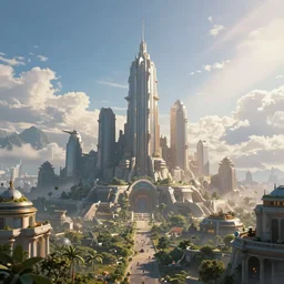 an awesome positive fantasy, sci - fi landscape, happy, sunny, megacity in the background, daylight, midsummer clouds in the background