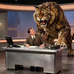 high fantasy 1 9 8 0's wargame airbrushed artwork - inspired octane render, a vintage news man in a vintage suit sitting at a silver desk being attacked by a giant monstrous wildcat beast, inside a 1 9 6 0's news studio