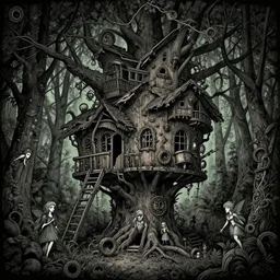 dilapidated broken baba yagas steampunk treehouse, tucked within the witchwood forest, evil fairies, overgrown, detailed intricate ink illustration, dark atmosphere, detailed illustration, hd, 4k, digital art, overdetailed art, concept art, by greg rutkowski, by loish, complementing colors, Trending on artstation, deviantart