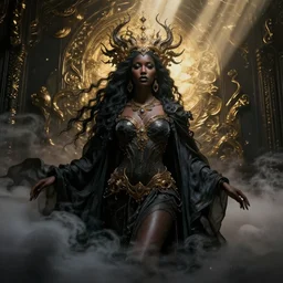 a photorealistic portrait of tinashe as mysterious dark goddess of death, realism, clouds, swirling fabric, elaborate ornate growth, gilded relief, volumetric lighting, light shafts, ambient light, trending on artstation, by alessio albi
