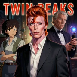 Twin Peaks poster artwork by Michael Whelan and Tomer Hanuka, Karol Bak, Rendering of David Bowie as an X-Files agent, from scene from Twin Peaks, full of details, by Makoto Shinkai and thomas kinkade, Matte painting, trending on artstation and unreal engine