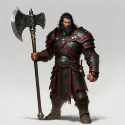 Concept art of a barbarian, clad in black and red armor, with a humongous axe, black messy hair and unkempt beard, artstationHD, Fantasy